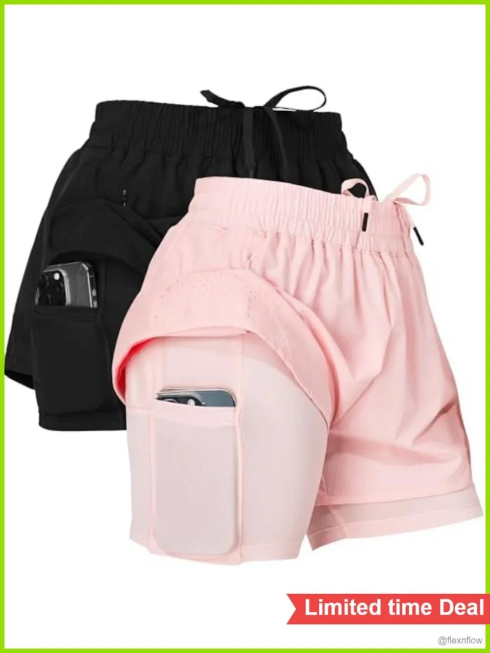 2 Pack Women's Workout Shorts with Compression Liner & Phone Pocket in Nylon